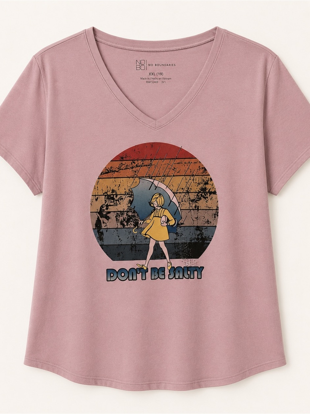 No Boundaries Pink V-Neck Tee with Retro 'Don't Be Salty' Graphic